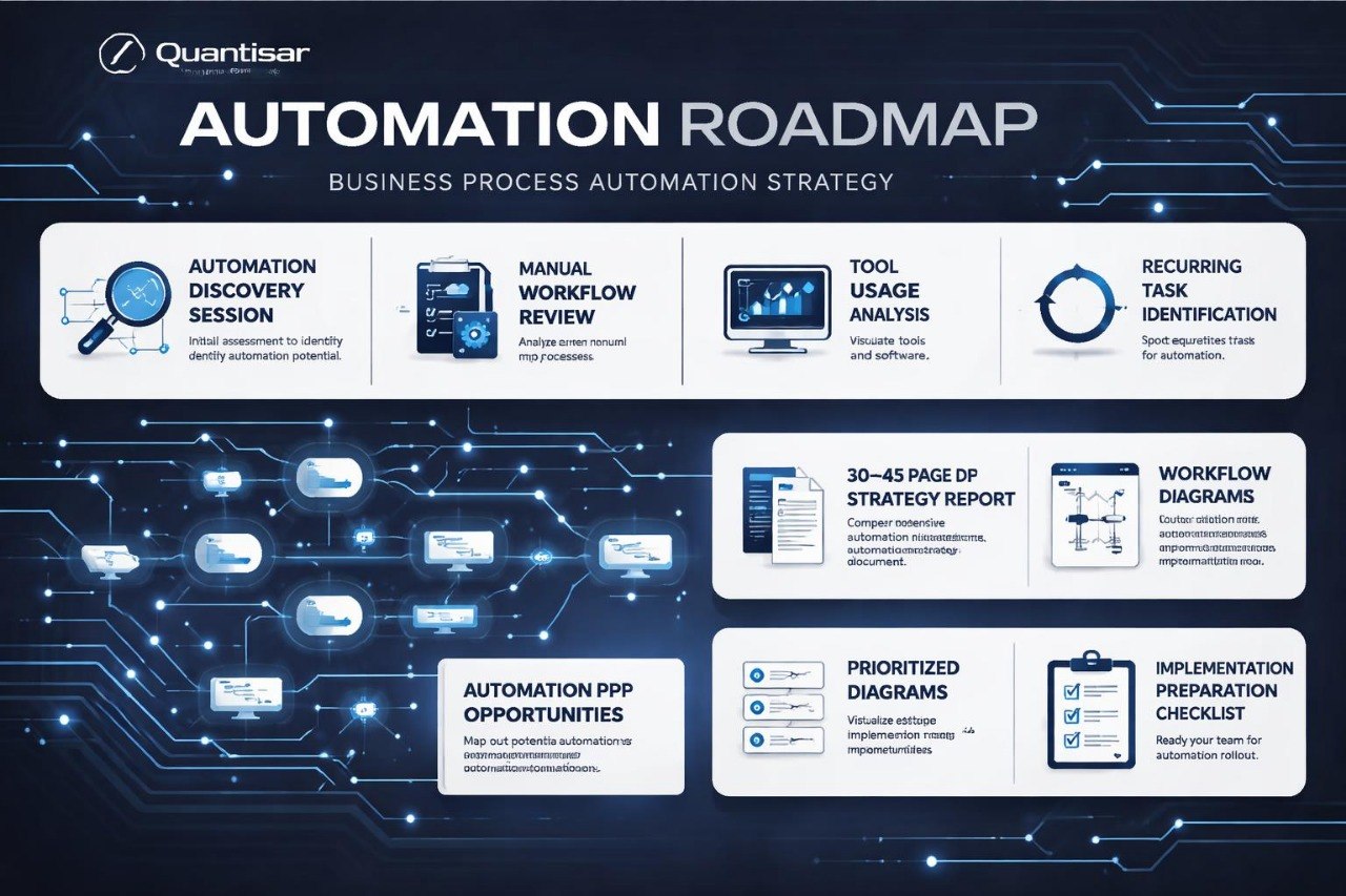 Quantisar Automation Roadmap for business process automation strategy on a dark background with digital circuit design.