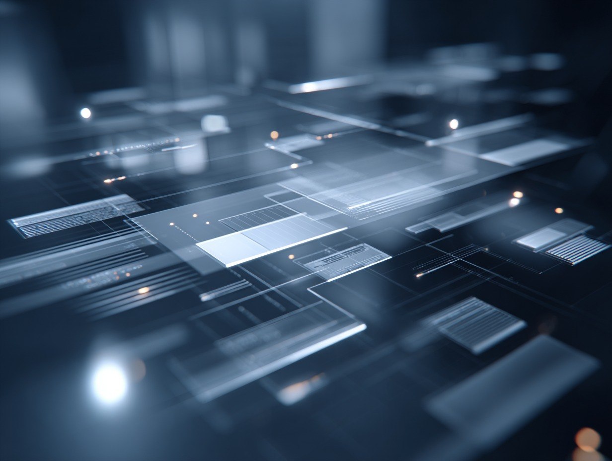 Abstract digital interface with glowing lines and panels on a dark background