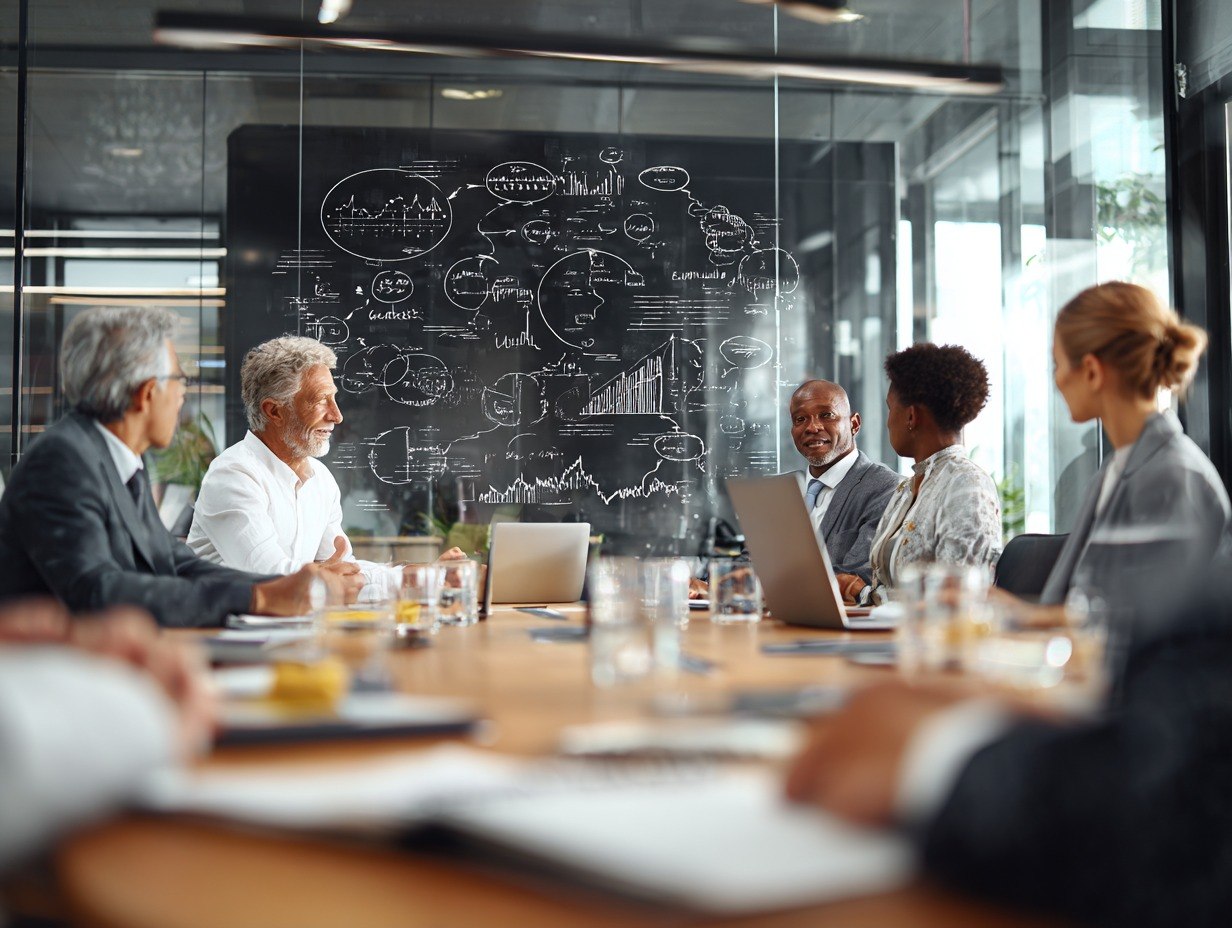 Group of professionals in a meeting room with a chalkboard displaying diagrams.
