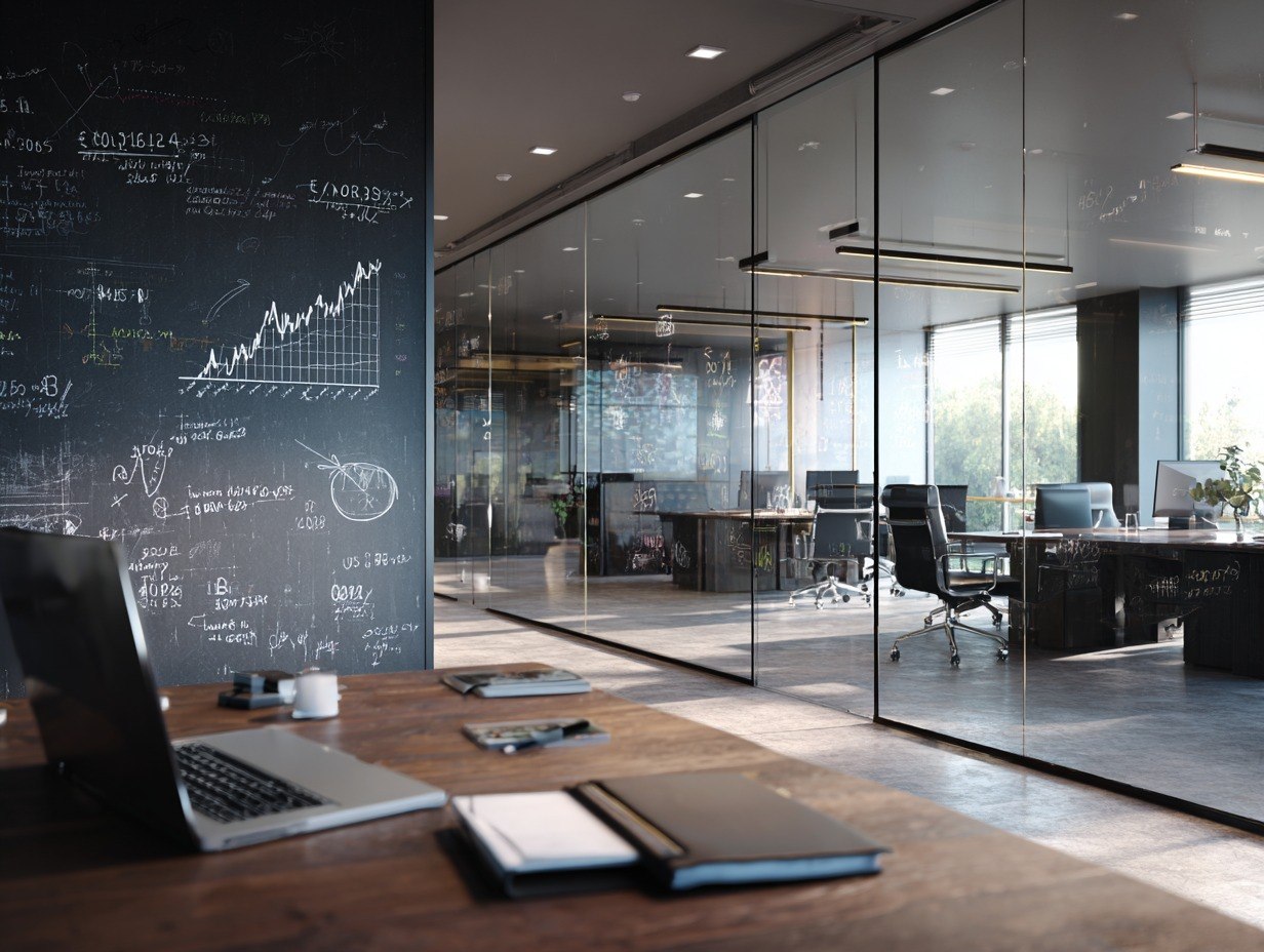 Modern office with glass walls and a desk setup.