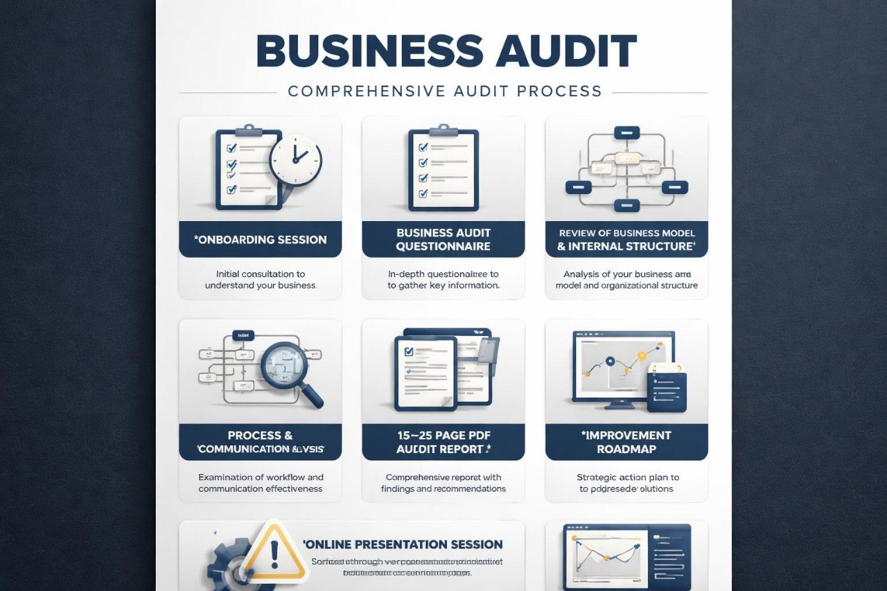Business audit process infographic on a dark background