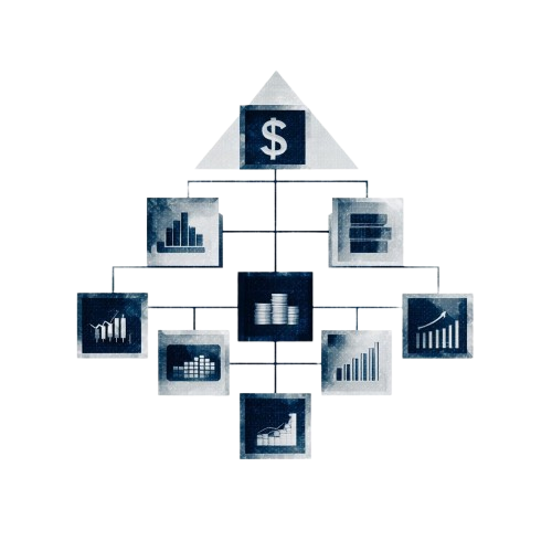 Diagram with financial symbols and charts on a white background