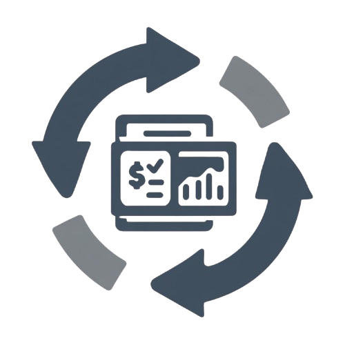 Icon of a laptop with financial graphics and arrows indicating a cycle or loop.