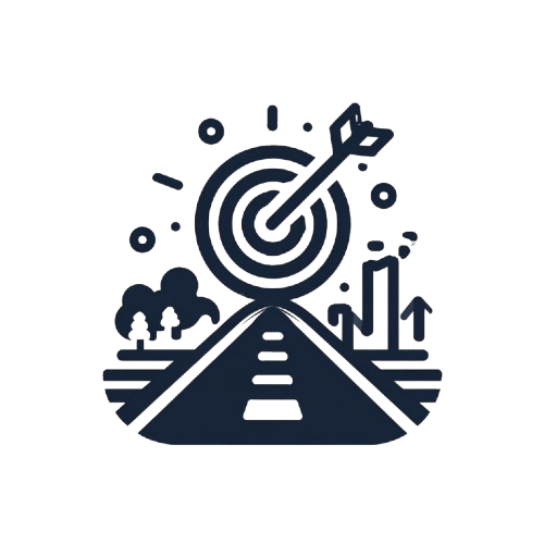 Icon of a target with an arrow, mountain, and road on a white background