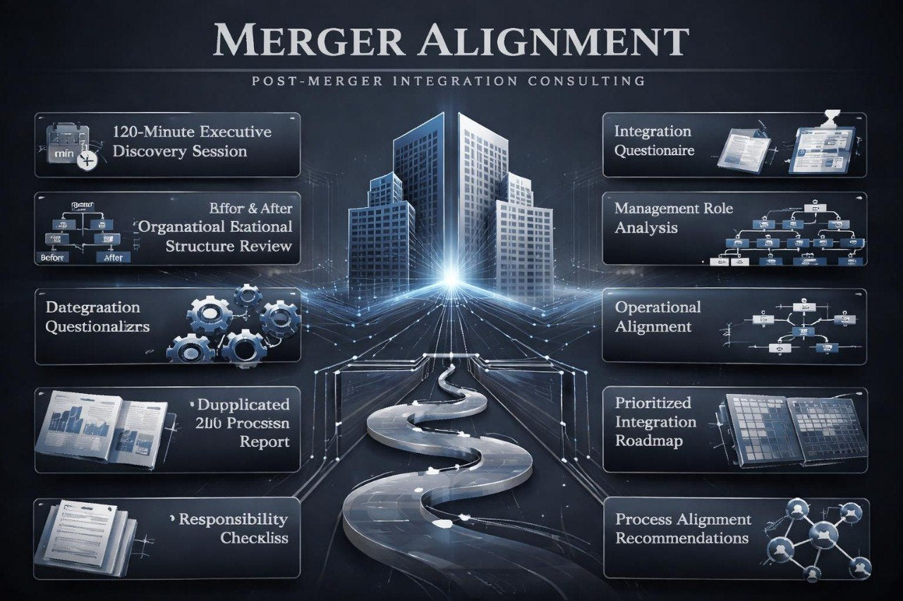 Merger Alignment consulting services with a futuristic road and building illustration.