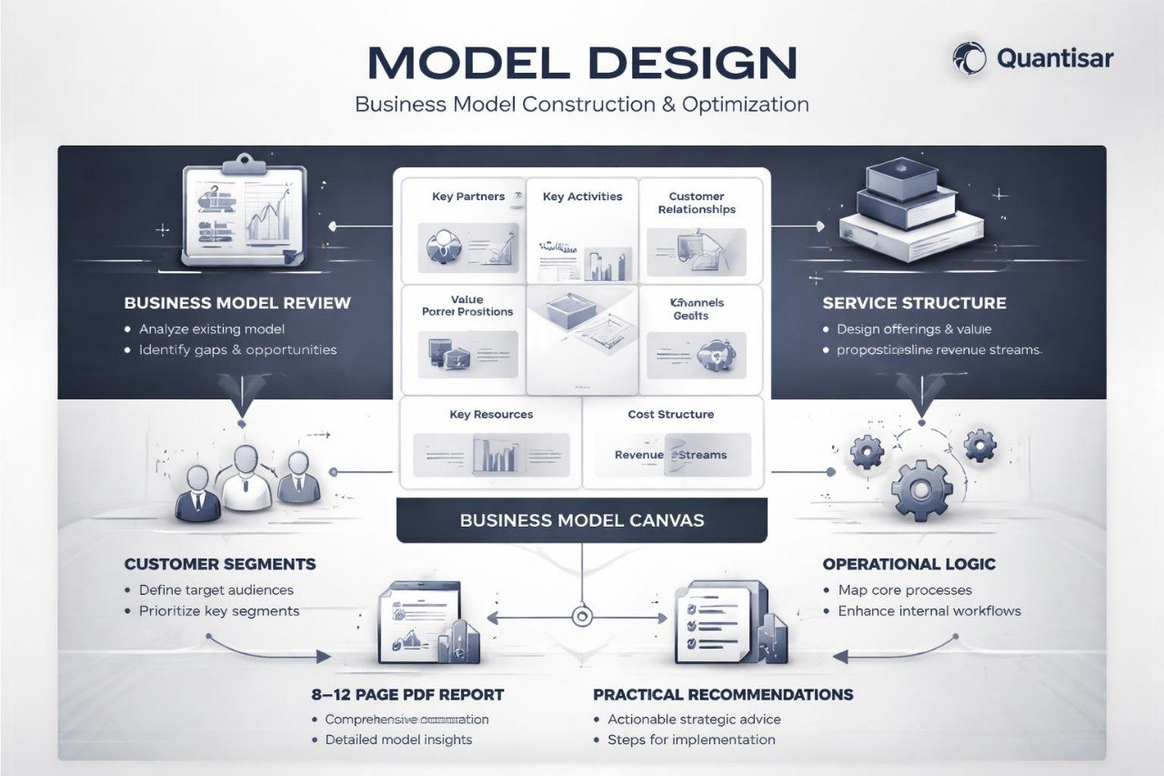 Model design process flowchart with Quantisar branding