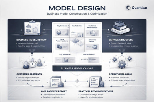 Model design process flowchart with Quantisar branding