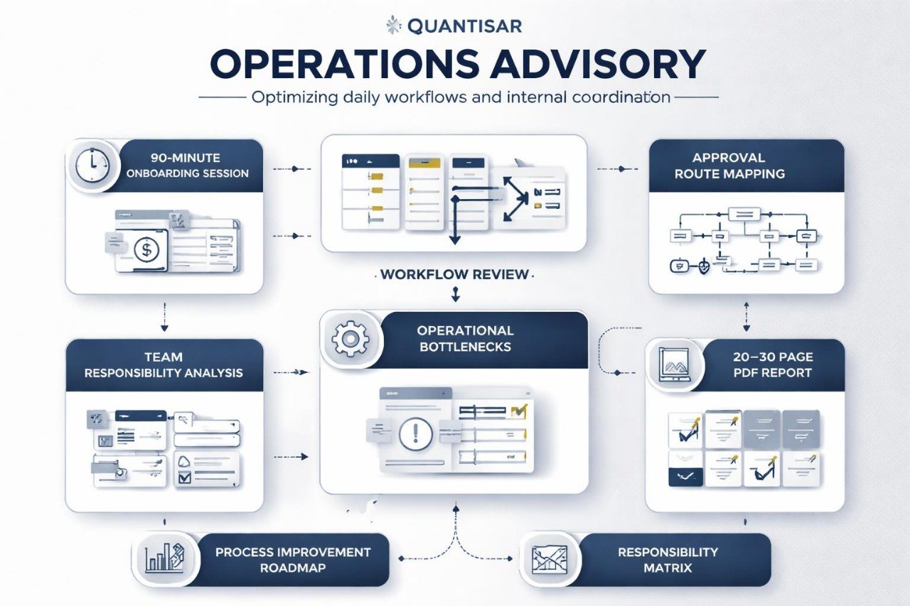 Diagram of operations advisory process with various steps and tools on a white background