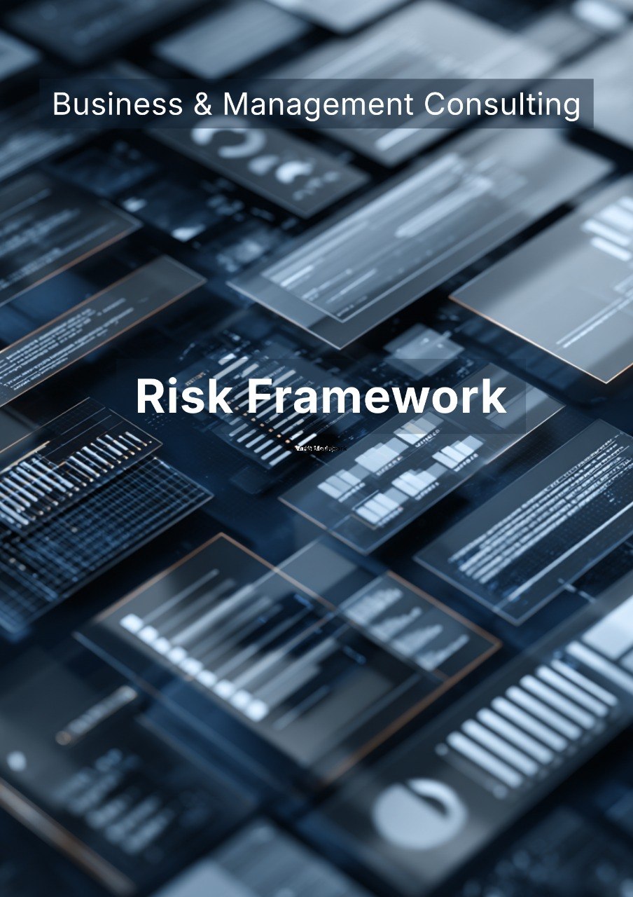 Cover of a business and management consulting report on risk framework with digital interface design.