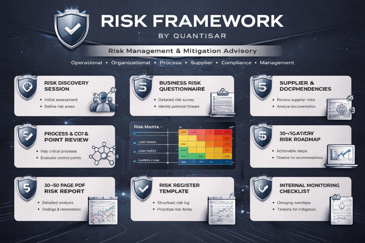 Risk Framework by Quantisar with various risk management components on a dark background